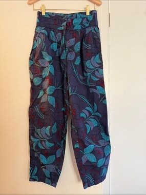 Gianni Versace vintage blue red cotton print high waisted  pants Waist 26"